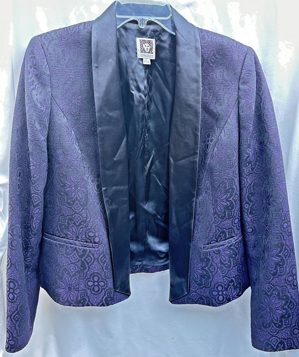 Anne Klein Purple Floral Tuxedo Blazer Jacket Sizw 10 Satin Lapel Elegant